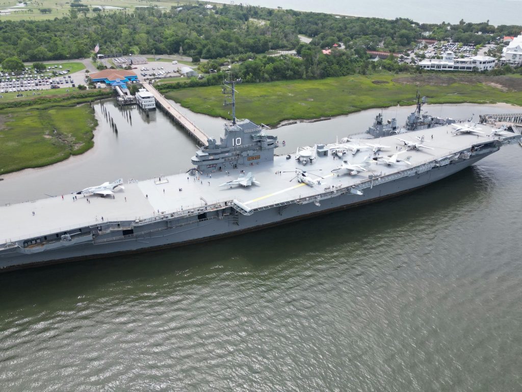 Aerial view of the historic USS Yorktown aircraft carrier docked in Mount Pleasant, SC.